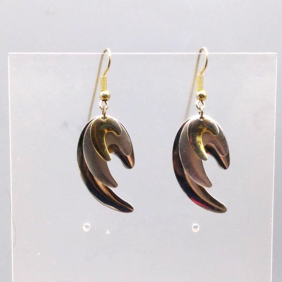 Vintage Two Tone Dangle Earrings with Layered Graduated Swoops, Silver and Gold - Picture 1 of 4